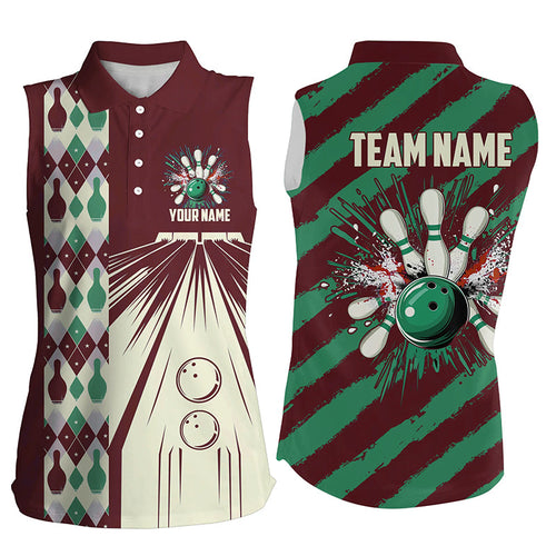 Personalized Red, White and Green Retro bowling Sleeveless Polo shirts for Women, Bowling Team Jerseys NQS8695