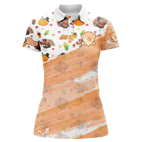 Women golf polo shirt custom white and orange Turkey Thanksgiving pattern golf attire for ladies NQS8698