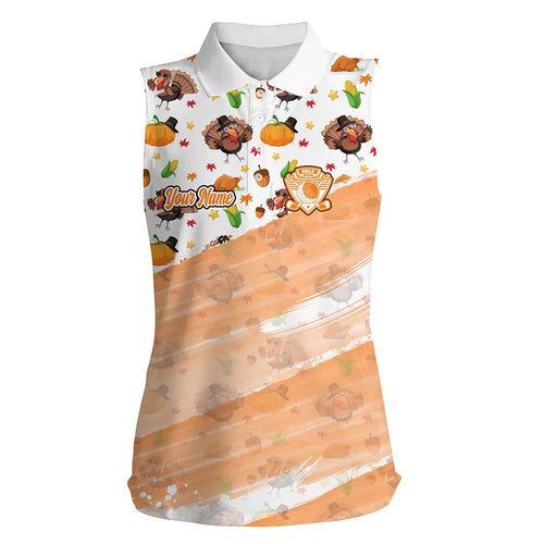 Women sleeveless polo shirt custom white and orange Turkey Thanksgiving pattern golf attire for ladies NQS8698