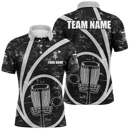 Mens disc golf polo shirt custom team name black camo disc golf basket personalized frisbee golf shirt NQS8701