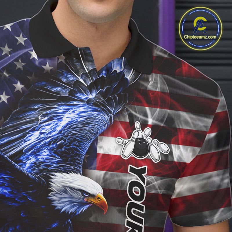 Smoke American Flag Eagle Blue Flame Bowling Shirts for Men Custom patriotic Team Bowling jerseys NQS10868