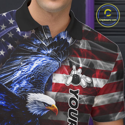 Smoke American Flag Eagle Blue Flame Bowling Shirts for Men Custom patriotic Team Bowling jerseys NQS10868