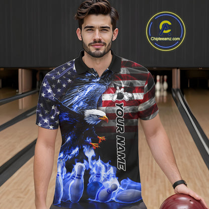 Smoke American Flag Eagle Blue Flame Bowling Shirts for Men Custom patriotic Team Bowling jerseys NQS10868