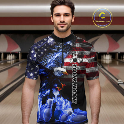 Smoke American Flag Eagle Blue Flame Bowling Shirts for Men Custom patriotic Team Bowling jerseys NQS10868