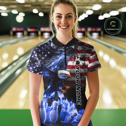 Smoke American Flag Eagle Blue Flame Bowling Shirts for Women Custom patriotic Team Bowling jerseys NQS10868