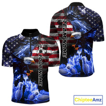 Load image into Gallery viewer, Smoke American Flag Eagle Blue Flame Bowling Shirts for Men Custom patriotic Team Bowling jerseys NQS10868