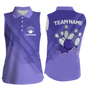 Custom Bowling Sleeveless Polo Shirts For Women, Personalized Bowling Team Jerseys | Purple NQS8925