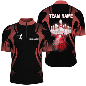 Black and Red Custom Bowling Polo, Quarter Zip Shirts For Men, Personalized Bowling Team Jerseys NQS8927