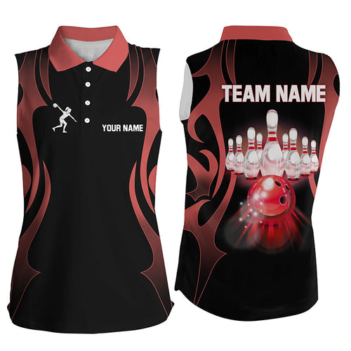 Black and Red Custom Bowling Sleeveless Polo Shirts For Women, Personalized Bowling Team Jerseys NQS8927