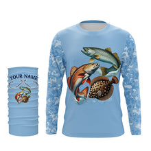 Load image into Gallery viewer, Texas slam redfish, speckled trout, flounder Texas fishing blue camo Custom performance fishing shirt NQS2621