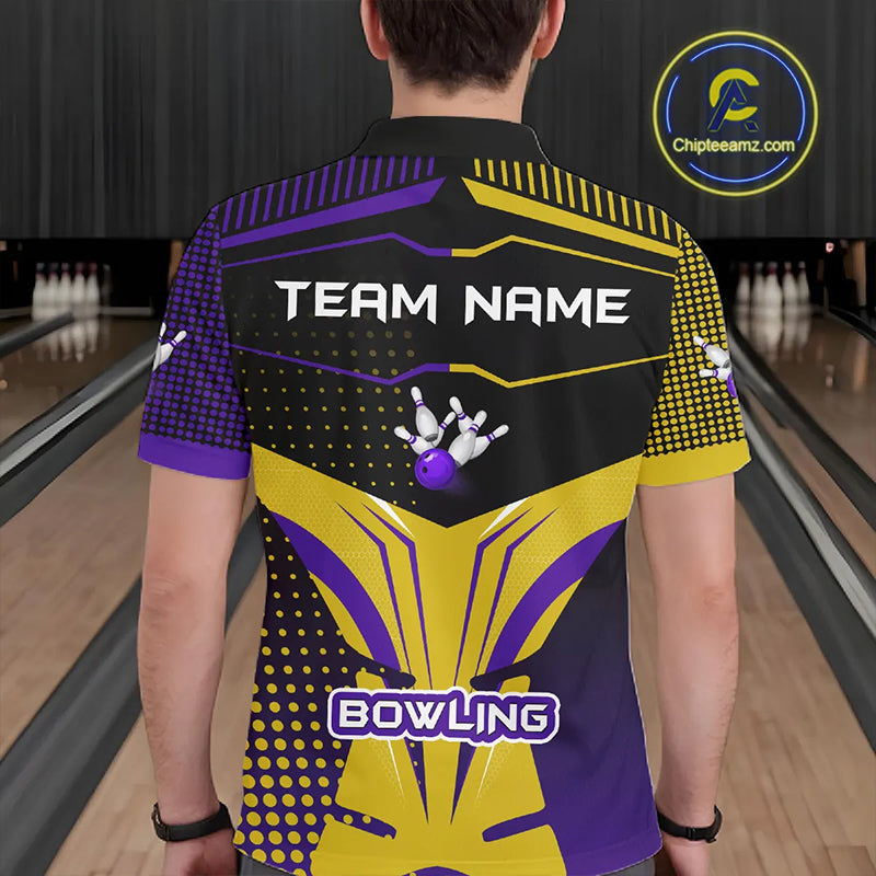 Yellow and Purple pattern Bowling shirts For Men Custom Team Bowling Jerseys, Gift For Bowler NQS11242