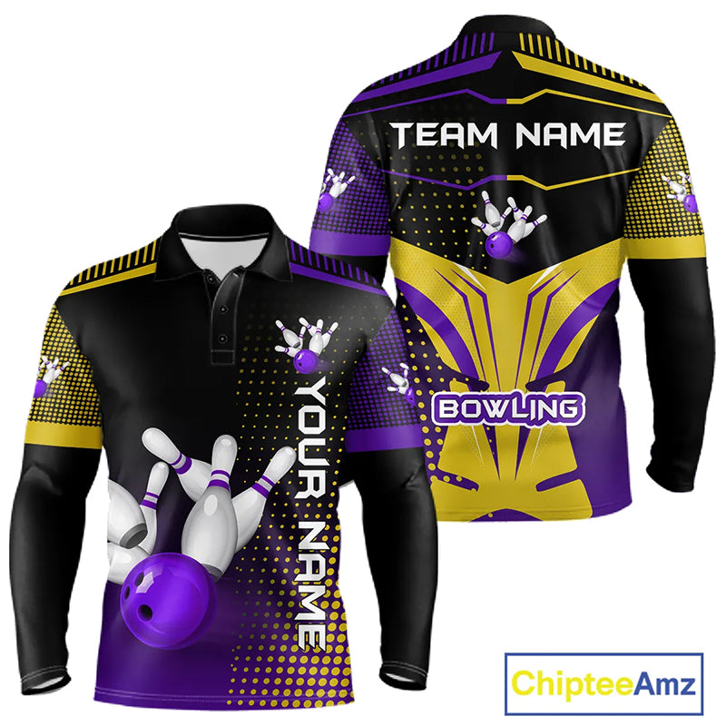 Yellow and Purple pattern Bowling shirts For Men Custom Team Bowling Jerseys, Gift For Bowler NQS11242
