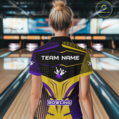 Yellow and Purple pattern Bowling shirts For Women Custom Team Bowling Jerseys, Gift For Bowler NQS11242