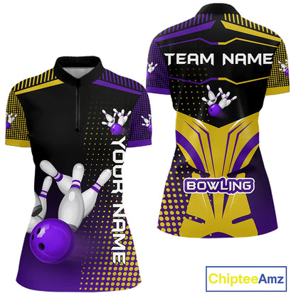 Yellow and Purple pattern Bowling shirts For Women Custom Team Bowling Jerseys, Gift For Bowler NQS11242