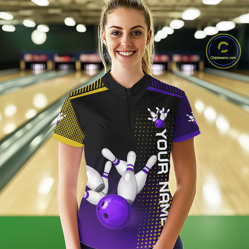 Yellow and Purple pattern Bowling shirts For Women Custom Team Bowling Jerseys, Gift For Bowler NQS11242