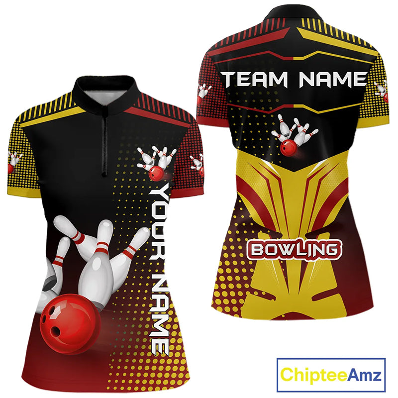 Yellow and Red pattern Bowling shirts For Women Custom Team Bowling Jerseys, Gift For Bowler NQS11243