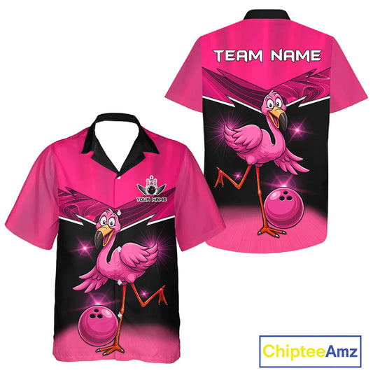 Funny Pink Flamingo Bowling Hawaiian Shirt Custom Flamingo Team bowling button up shirt NQS11248