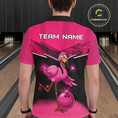 Funny Pink Flamingo Bowling Polo, 1/4 zip shirts for Men Custom Flamingo Team bowling outfit NQS11248