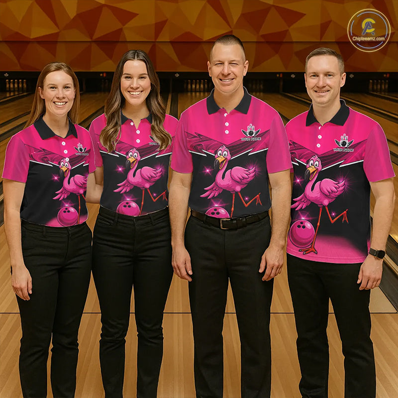 Funny Pink Flamingo Bowling Polo, 1/4 zip shirts for Women Custom Flamingo Team bowling outfit NQS11248
