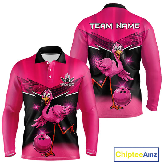 Funny Pink Flamingo Bowling Polo, 1/4 zip shirts for Men Custom Flamingo Team bowling outfit NQS11248