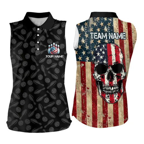 Retro American Flag Skull Camo Bowling Sleeveless Polo Shirt Custom Bowling Team Shirts Bowler Outfit NQS9371