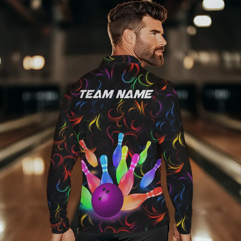 Colorful Neon Flame pattern Bowling Shirts For Men Custom Bowling Team Jerseys, Gift For Bowler NQS9374