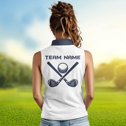Blue and White Women sleeveless polo shirt custom golf attire for ladies, personalized golf gifts NQS9376