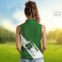 Load image into Gallery viewer, Women sleeveless polo shirt White and Green Shamrock custom St Patrick's Day team golf shirts NQS11639