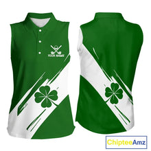 Load image into Gallery viewer, Women sleeveless polo shirt White and Green Shamrock custom St Patrick's Day team golf shirts NQS11639