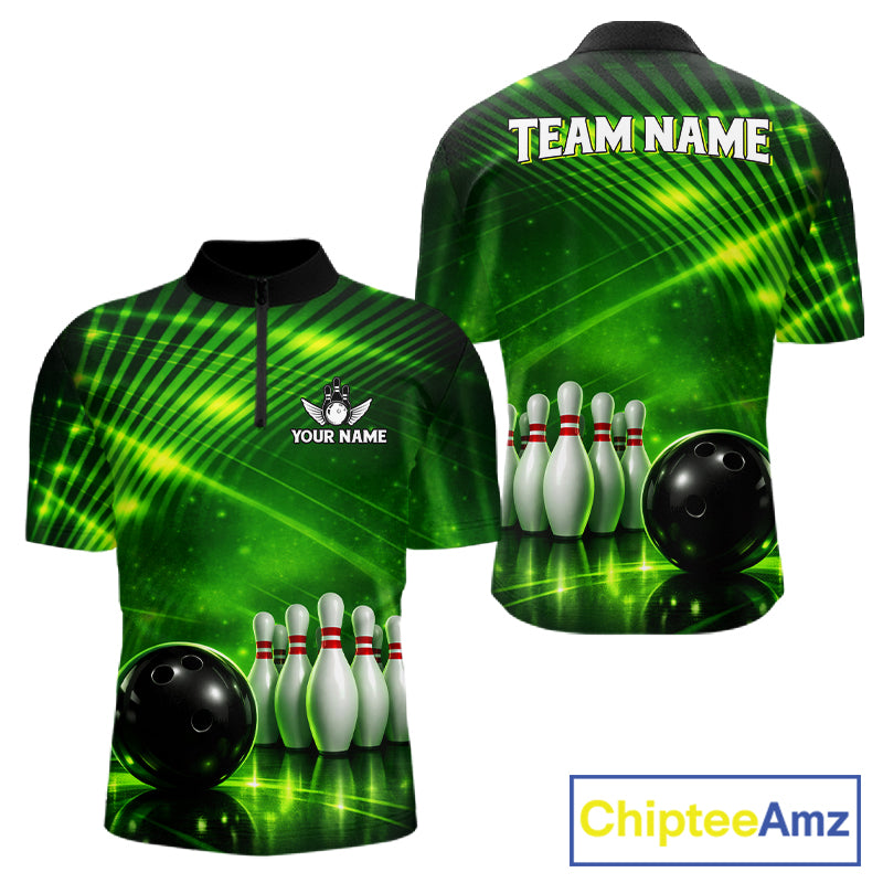 Green Light Bowling Polo, Quarter Zip Shirts For Men Custom Bowling Team Jerseys, Gift For Bowlers NQS11737