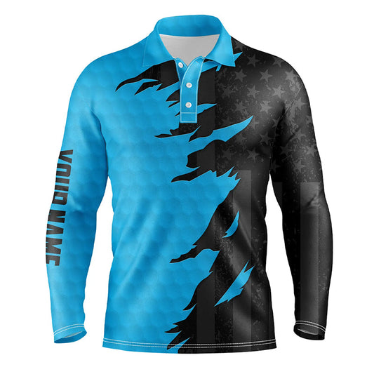 Personalized Mens golf polos shirts custom blue golf ball skin black american flag mens golf apparel NQS7459