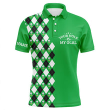 Load image into Gallery viewer, Funny Mens golf polo shirt green argyle pattern custom your hole is my goal, golfing gifts for men NQS7461