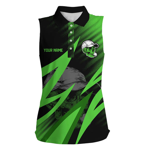 Black and green golf skull Womens sleeveless polos shirts custom golf outfits ladies, cool golf gifts NQS7463