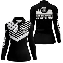 Load image into Gallery viewer, Black American flag Women disc golf polo custom May the course be with you disc golf shirts for womens NQS5928