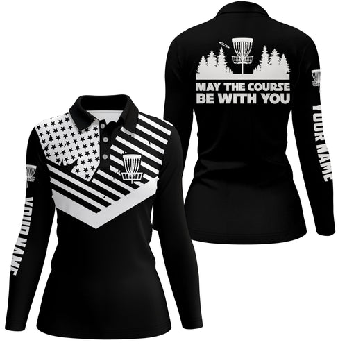 Black American flag Women disc golf polo custom May the course be with you disc golf shirts for womens NQS5928