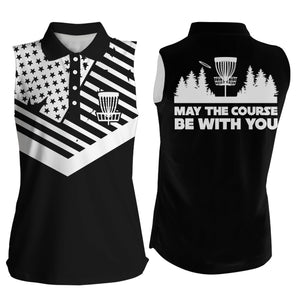 American flag Women sleeveless polo shirt May the course be with you disc golf shirts for womens NQS5928