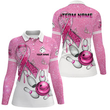 Load image into Gallery viewer, Pink ribbon glitter Bowling Shirts For Women Custom team bowling jerseys, breast cancer bowling shirts NQS8251