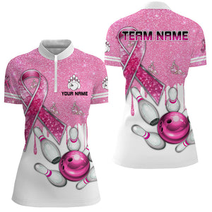 Pink ribbon glitter Bowling Shirts For Women Custom team bowling jerseys, breast cancer bowling shirts NQS8251