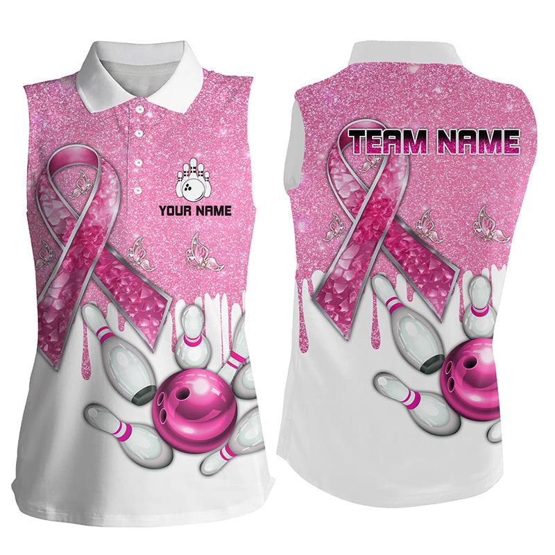 Pink ribbon glitter Bowling sleeveless polo Custom team bowling jerseys, breast cancer bowling shirts NQS8251