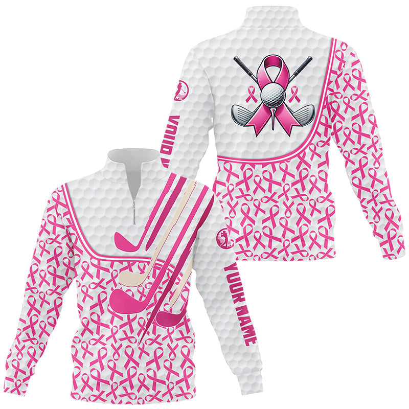 Personalized pink ribbons pattern golf clubs Quarter zip golf sweatshirt breast cancer golf sweater NQS8459