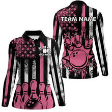 Load image into Gallery viewer, Pink American Flag Retro Bowling Polo, Quarter zip Shirt For Women custom breast cancer bowling jersey NQS8465