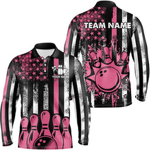 Load image into Gallery viewer, Pink American Flag Retro Bowling Polo, Quarter zip Shirt For Men custom breast cancer bowling jerseys NQS8465