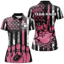 Load image into Gallery viewer, Pink American Flag Retro Bowling Polo, Quarter zip Shirt For Women custom breast cancer bowling jersey NQS8465