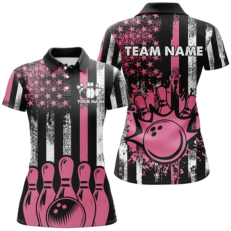 Pink American Flag Retro Bowling Polo, Quarter zip Shirt For Women custom breast cancer bowling jersey NQS8465