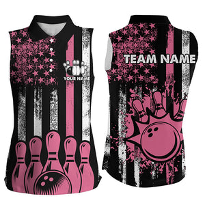 Pink American Flag Retro Women Bowling Sleeveless Polo Shirt custom breast cancer bowling jerseys NQS8465