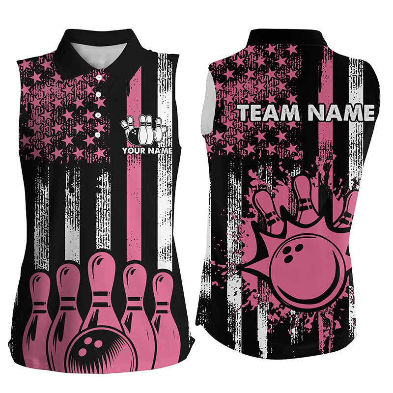 Pink American Flag Retro Women Bowling Sleeveless Polo Shirt custom breast cancer bowling jerseys NQS8465