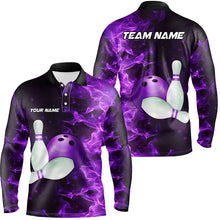 Load image into Gallery viewer, Black And Purple Flame Bowling Shirts For Men Custom Bowling Team Shirt Bowling Uniform Outfit NQS8711