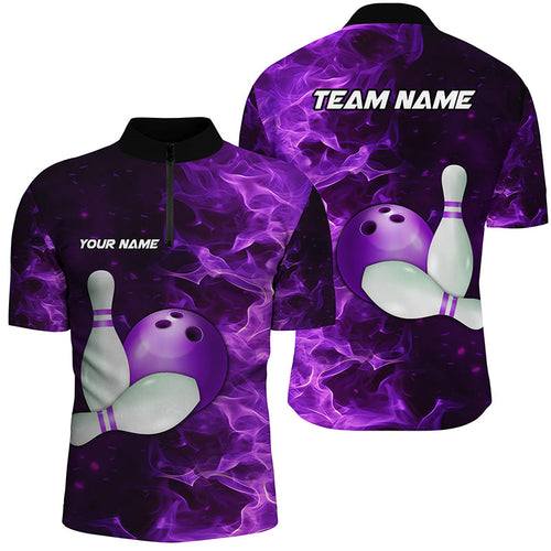 Black And Purple Flame Bowling Shirts For Men Custom Bowling Team Shirt Bowling Uniform Outfit NQS8711