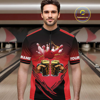 Bowling Beer Black and Red Bowling Polo, 1/4 Quarter zip shirts Custom Mens Team Bowling jerseys NQS10873