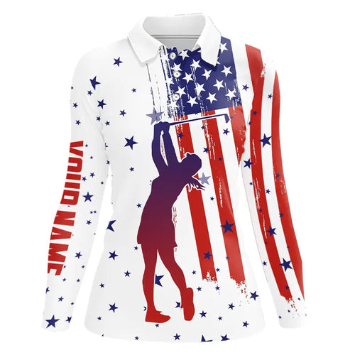 Red, White and Blue American Flag Womens Golf Polo Shirts custom patriotic golf tops for women NQS9168